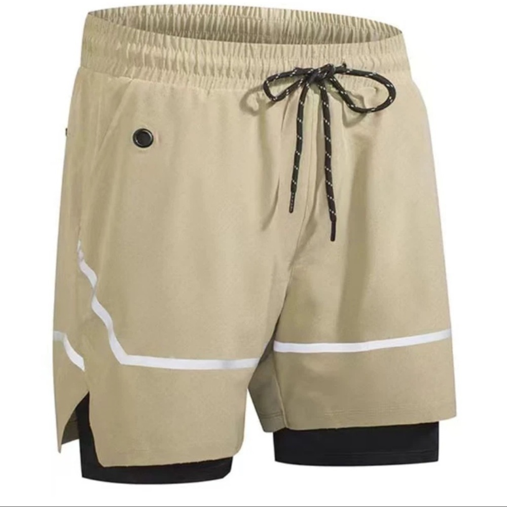 Men’s 2-in-1 Running Shorts Size 34 NWT Liner Pocket Reflective Tan/Black
